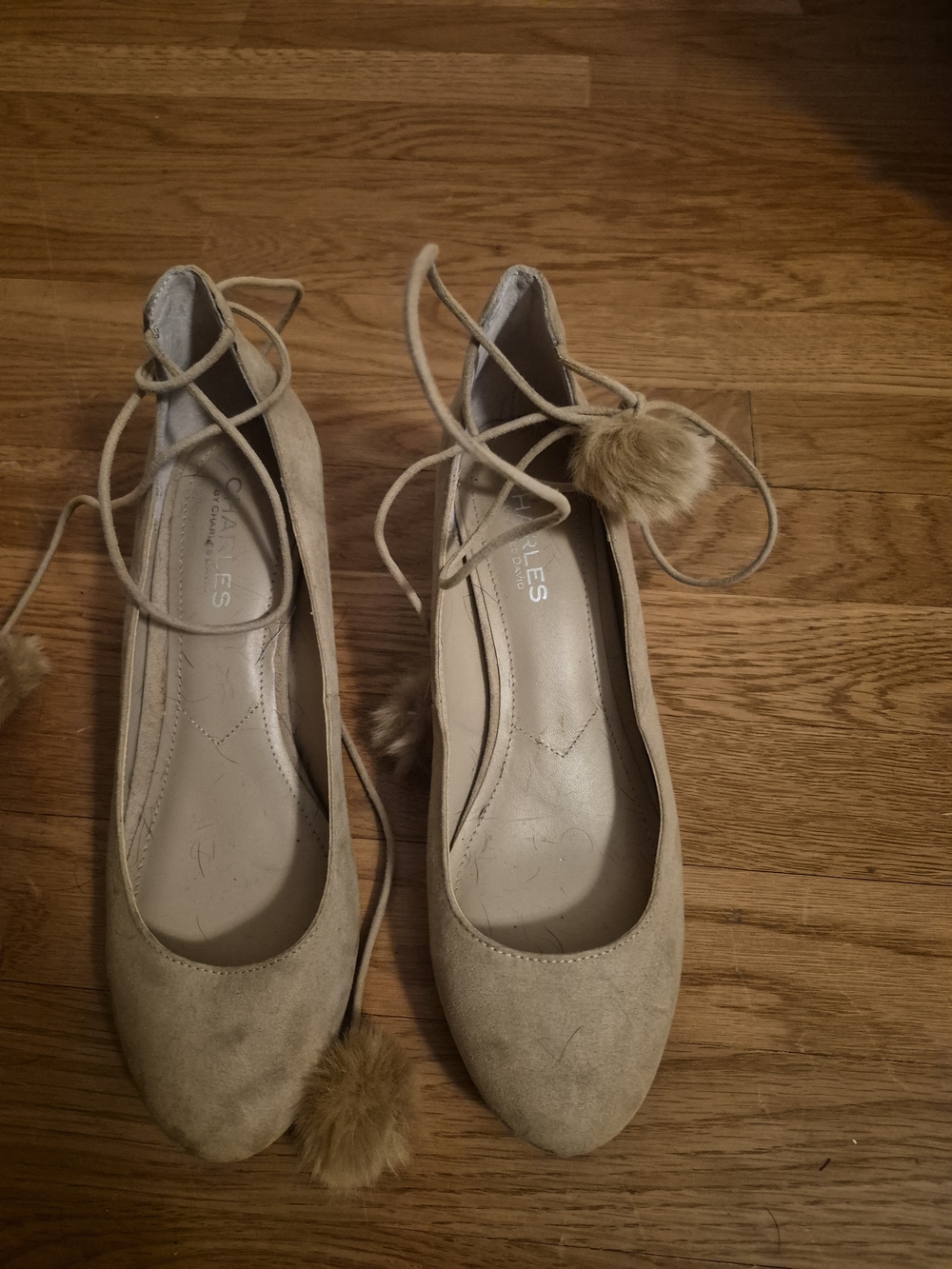 Charles By Charles David Taupe Suede Lace-Up Ballet Flats with Pom Poms